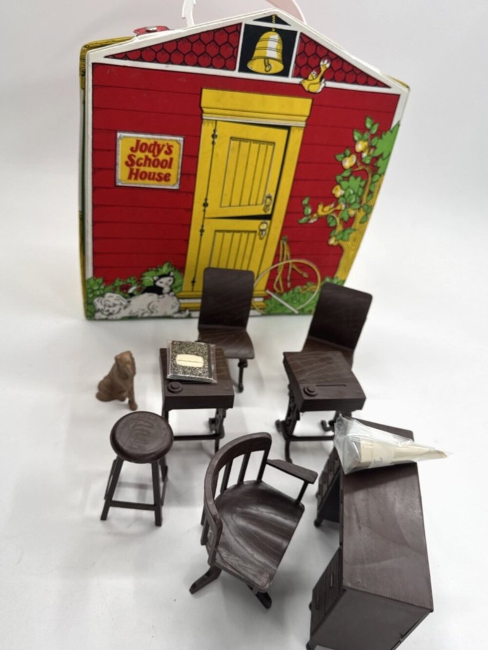 Vintage 1976 Jody's School House Play Set Carry Case with Furniture Dog Ideal